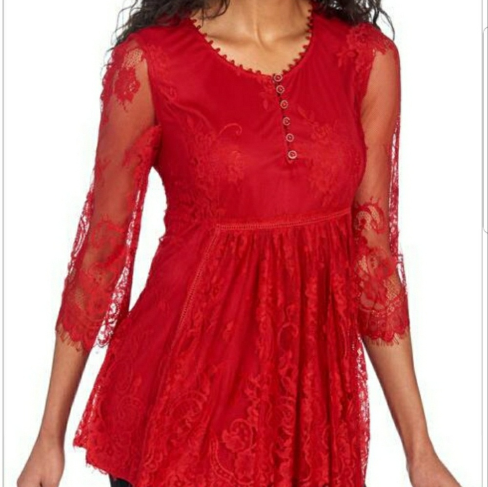 Vera Christina Small Lace Bell Sleeve Red Blouse